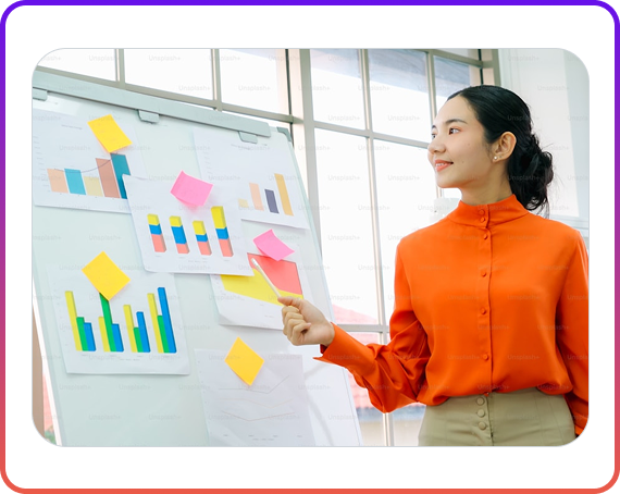 Analytics dashboard showing charts and graphs with a professional woman presenting data